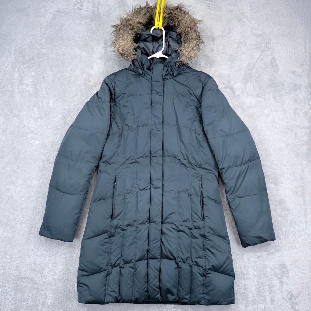 Eddie Bauer Premium Goose Down Lodge Parka Women Medium Blue Gray EB550 Fur Hood
